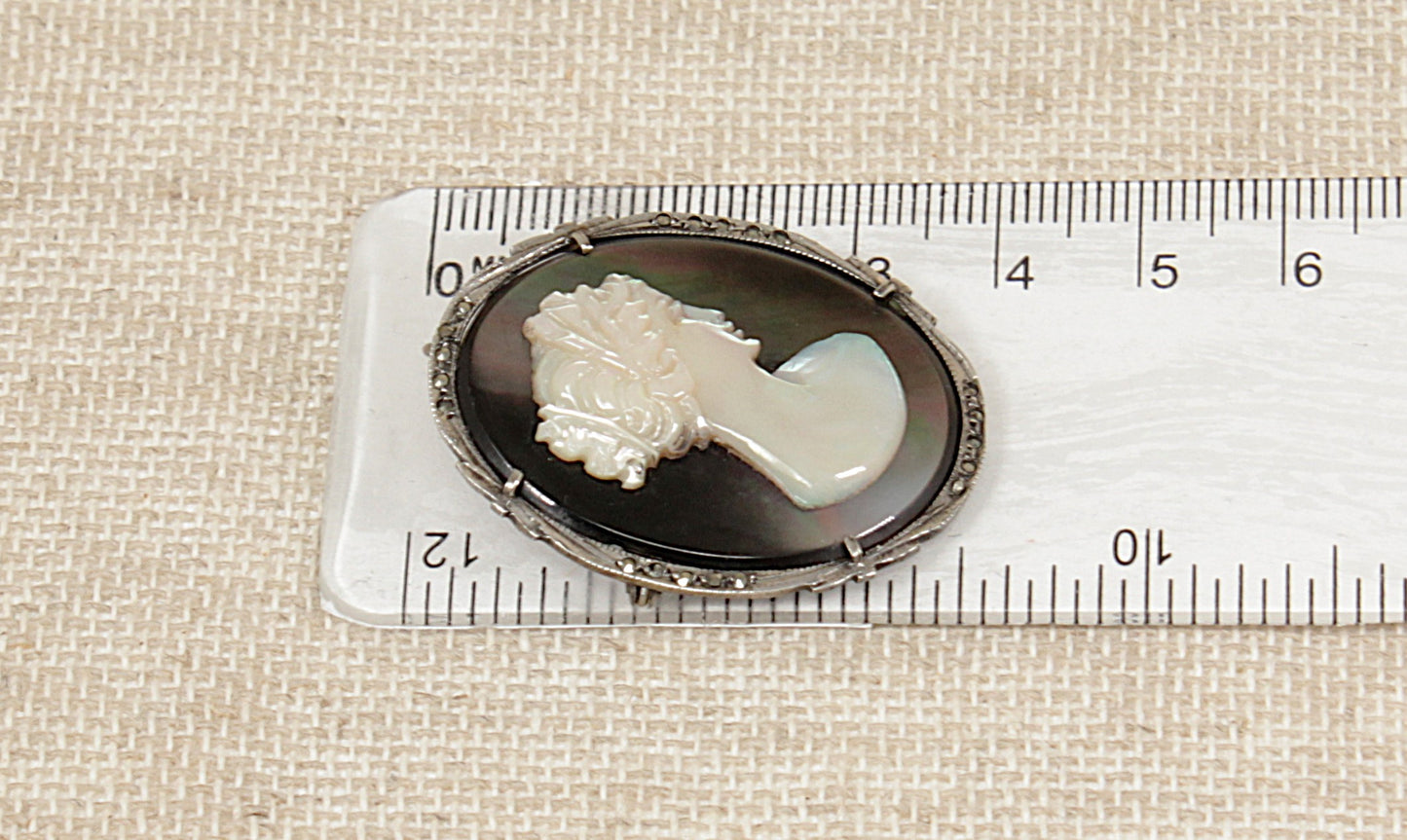 Large Vintage Italian Silver Mother of Pearl Cameo Brooch / Pendant with Marcasite