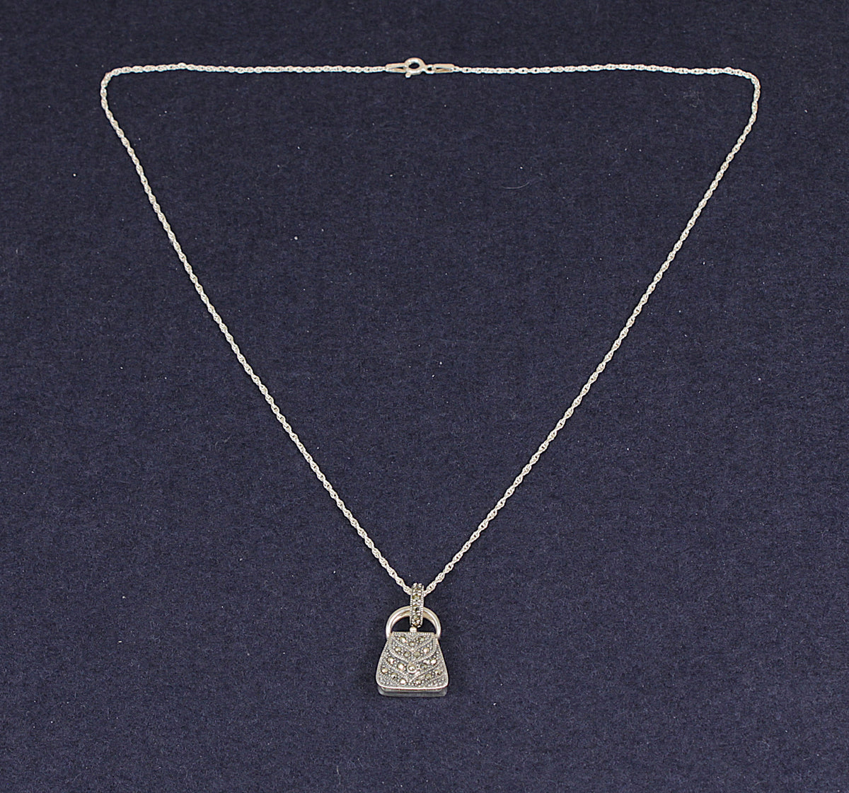 Vintage Sterling Silver & Marcasite Mini Handbag Perfume Pendant Necklace
