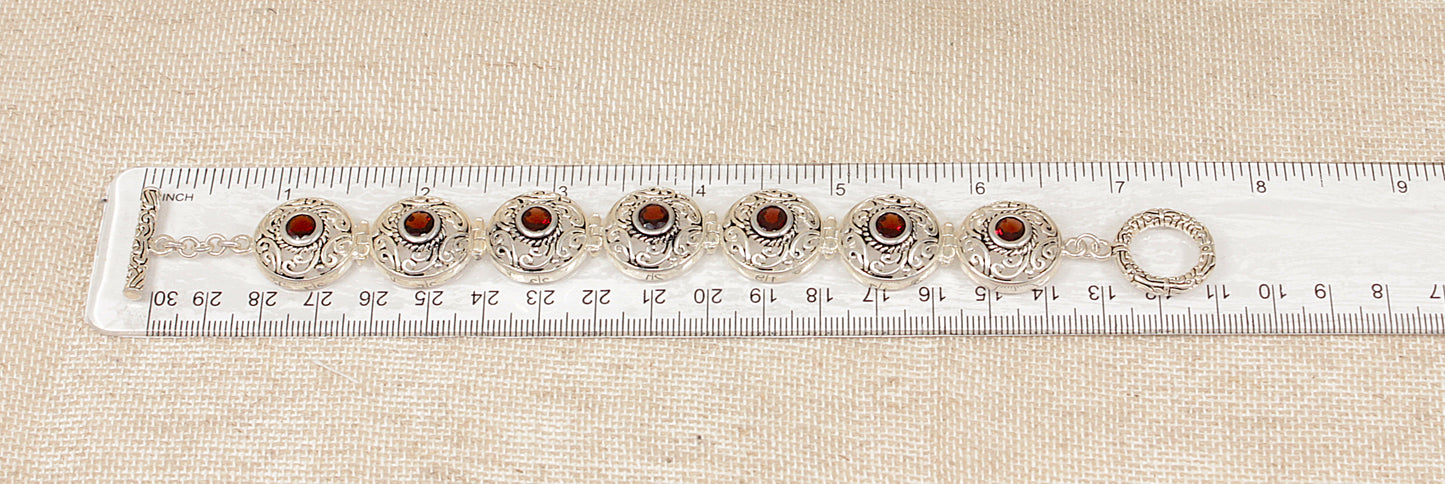 Elegant Heavy Sterling Silver & Garnet Link Bracelet - 7 ½"