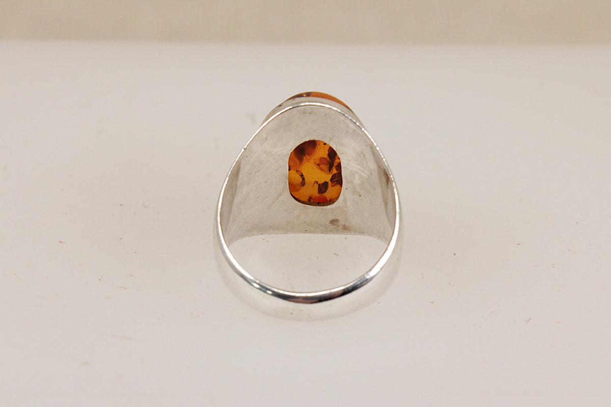 Sterling Silver Baltic Amber Cabochon Solitaire Ring with Natural Inclusions