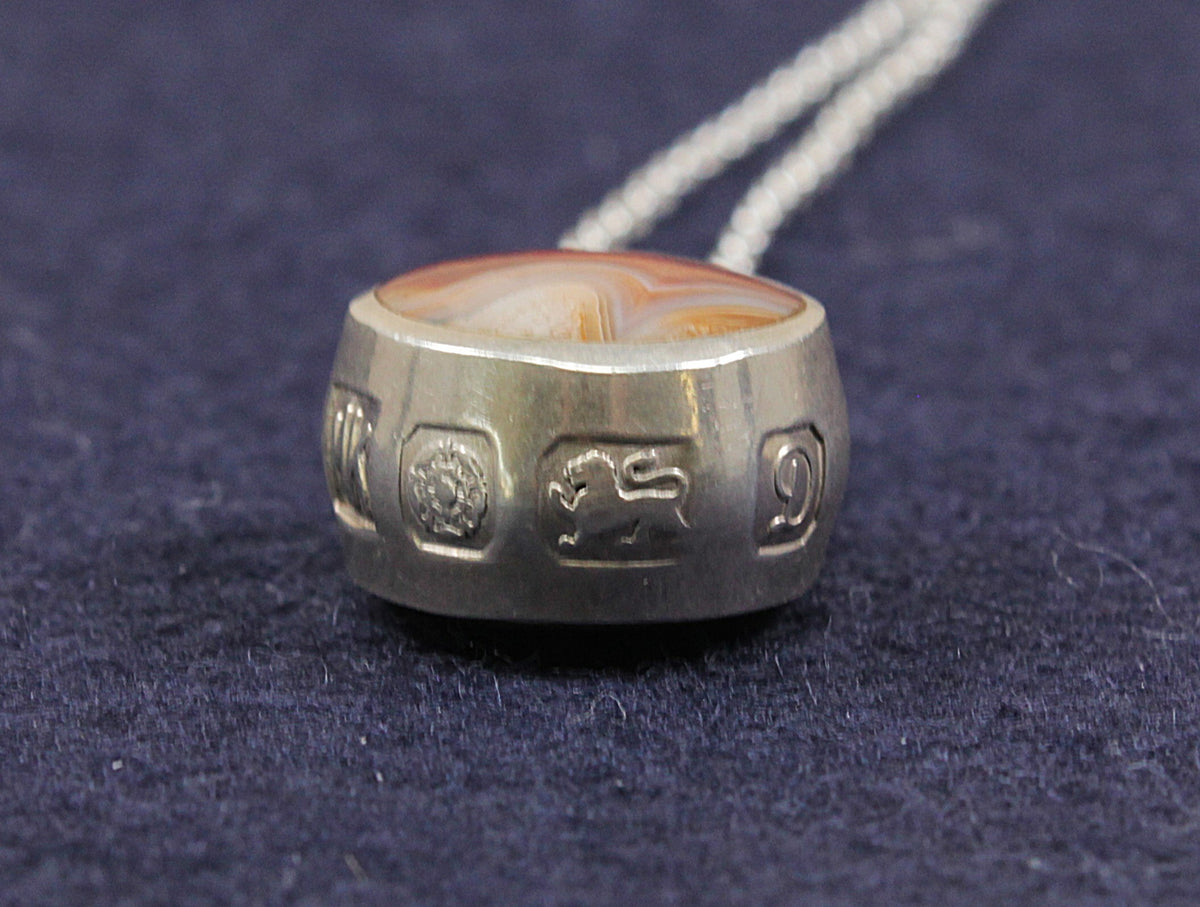 Vintage 1978 Sterling Silver Double-Sided Agate Pendant & Chain Necklace