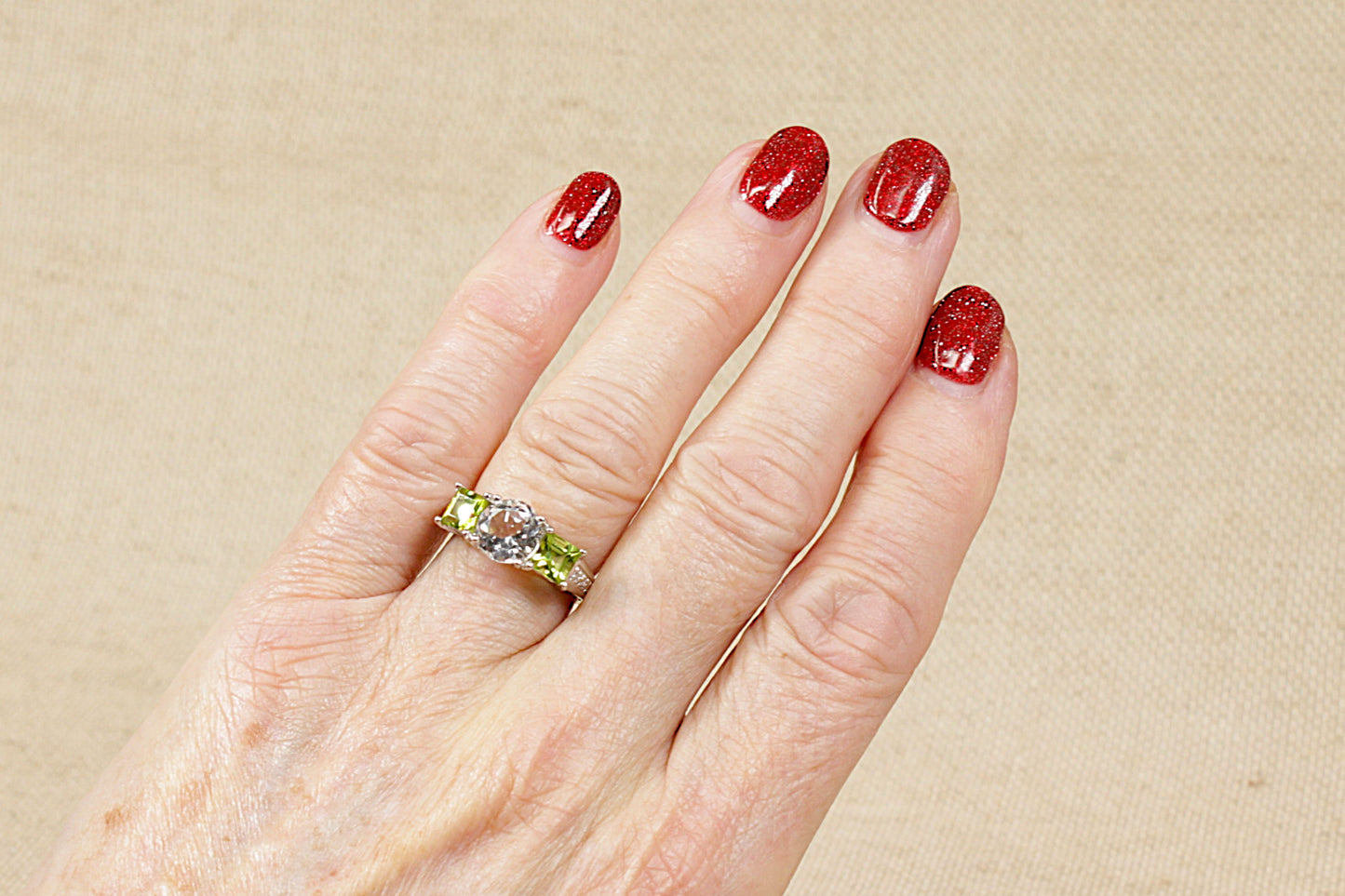 9ct White Gold Topaz and Peridot Trilogy Ring