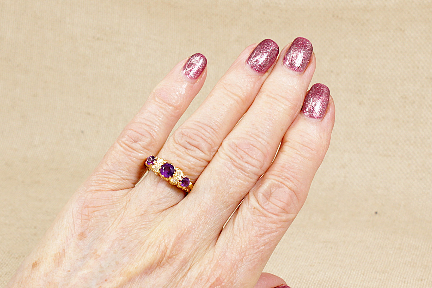 Vintage Edwardian Style Amethyst and Diamond Trilogy Ring