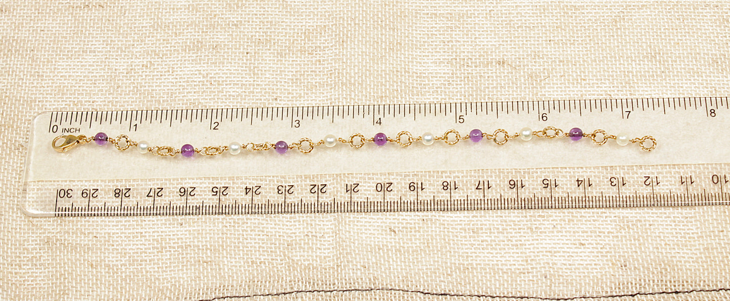 9ct Gold Amethyst and Pearl Bracelet - 7 ¼ inches