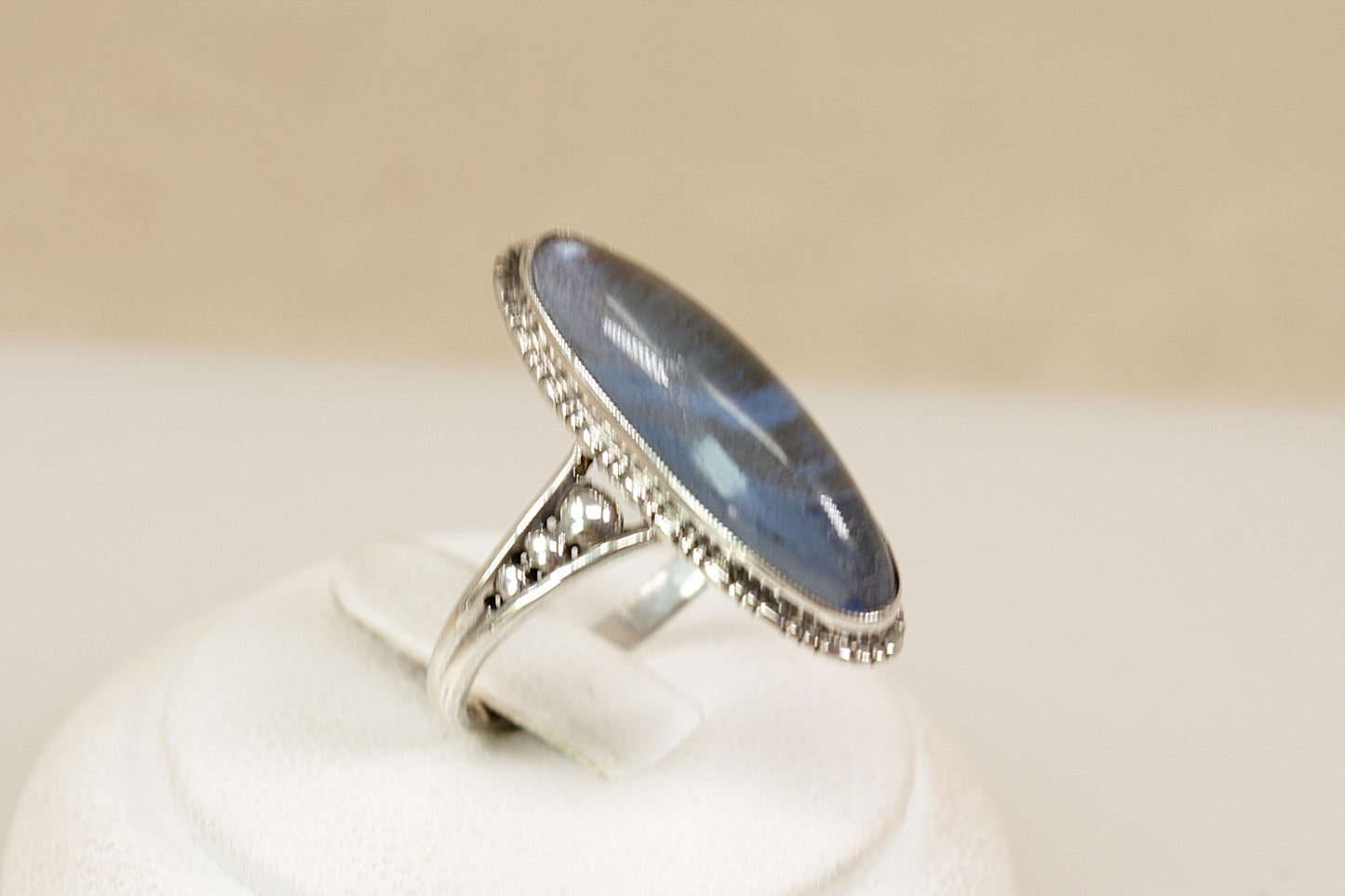 Vintage Art Deco Style Silver Labradorite Navette Ring