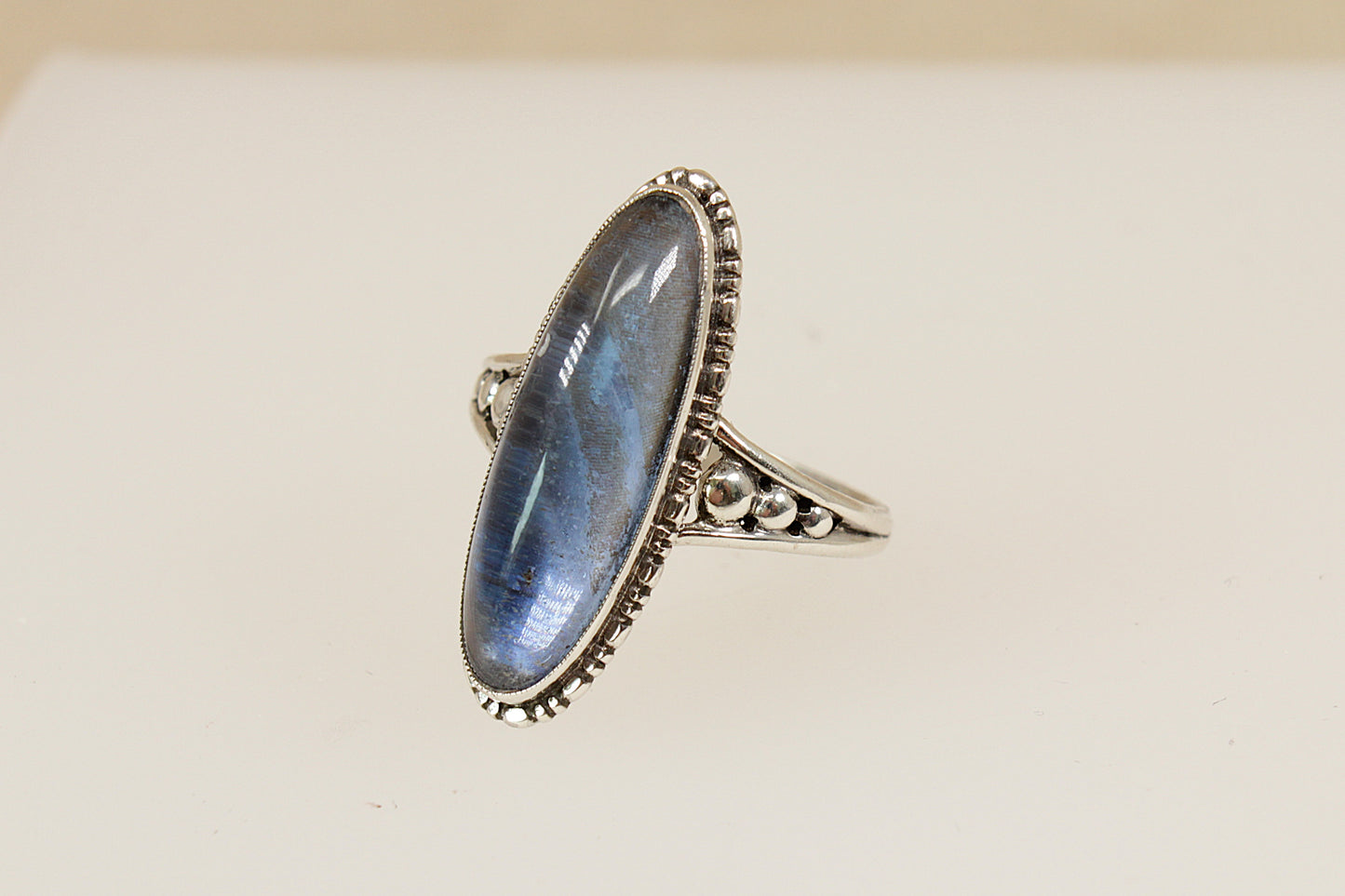 Vintage Art Deco Style Silver Labradorite Navette Ring