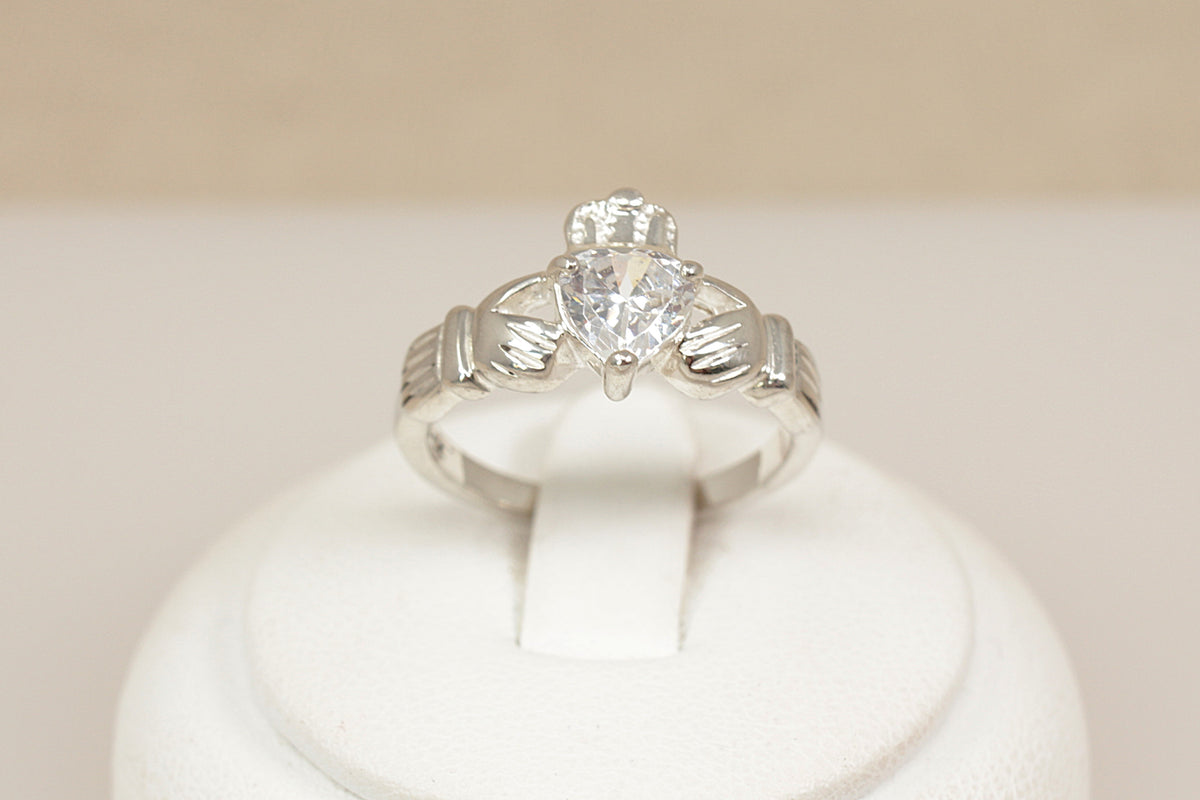 Sterling Silver Claddagh Ring with Heart Shape CZ Crystal