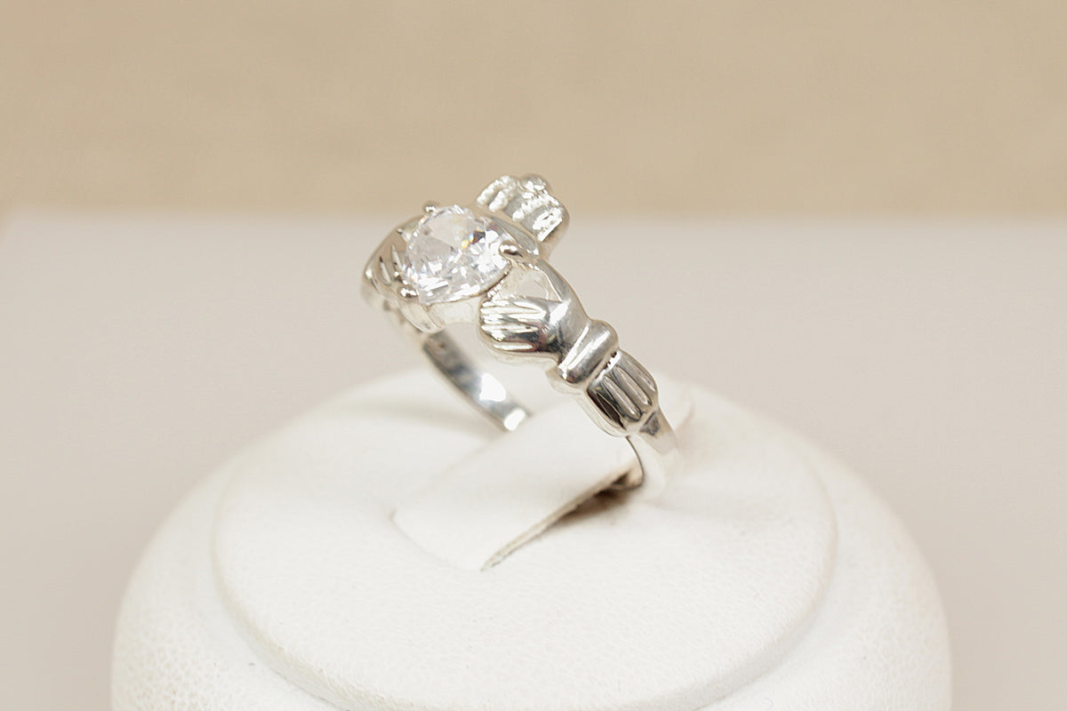Sterling Silver Claddagh Ring with Heart Shape CZ Crystal