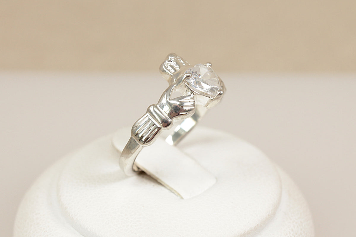 Sterling Silver Claddagh Ring with Heart Shape CZ Crystal