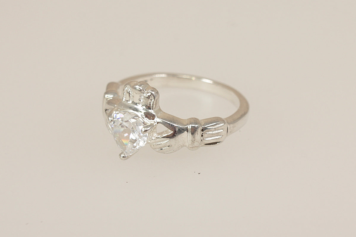 Sterling Silver Claddagh Ring with Heart Shape CZ Crystal