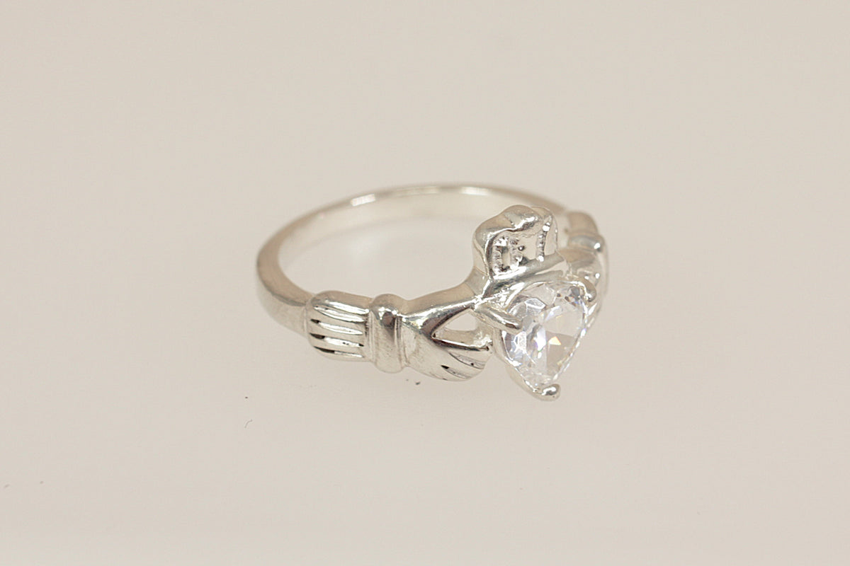 Sterling Silver Claddagh Ring with Heart Shape CZ Crystal