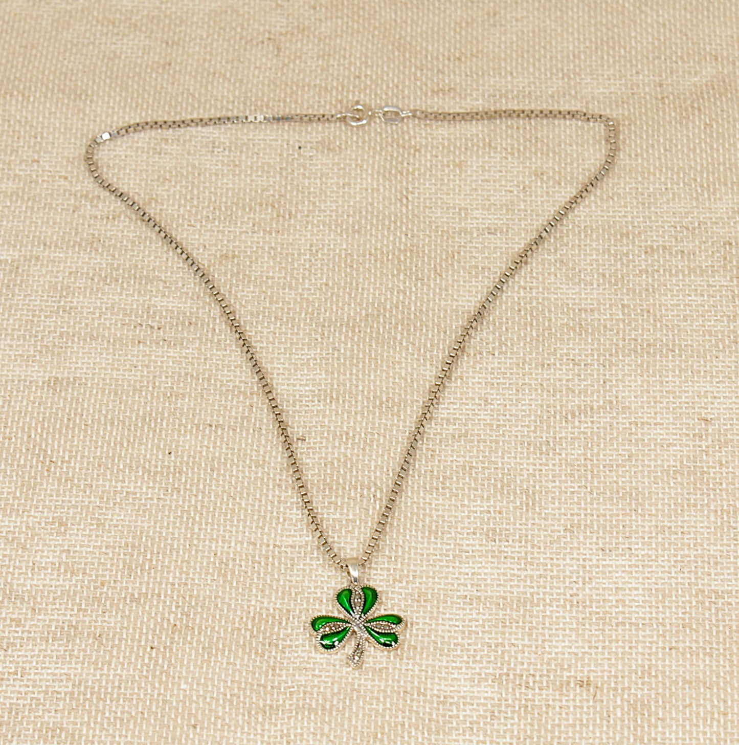 Silver Green Enamel, Marcasite, Irish Shamrock Clover Pendant and Chain by Solvar