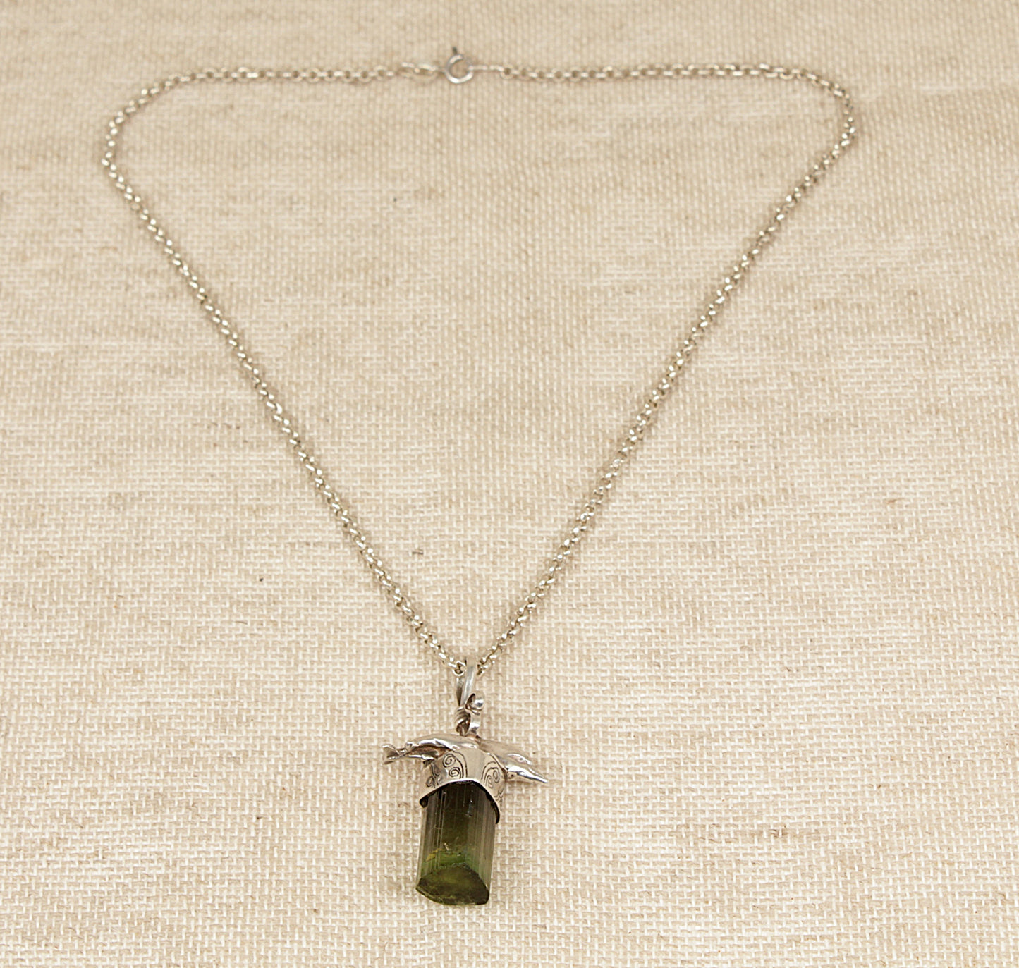 Vintage Silver and Tourmaline Designer Dolphin Pendant and Chain Necklace