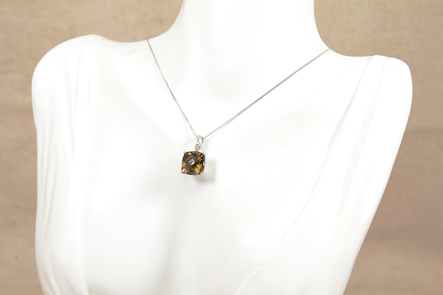 9ct White Gold Smoky Quartz and Diamond Pendant and Chain Necklace