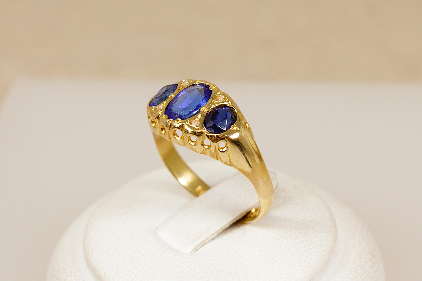 Edwardian 18ct Gold Blue Gemstone Trilogy Ring
