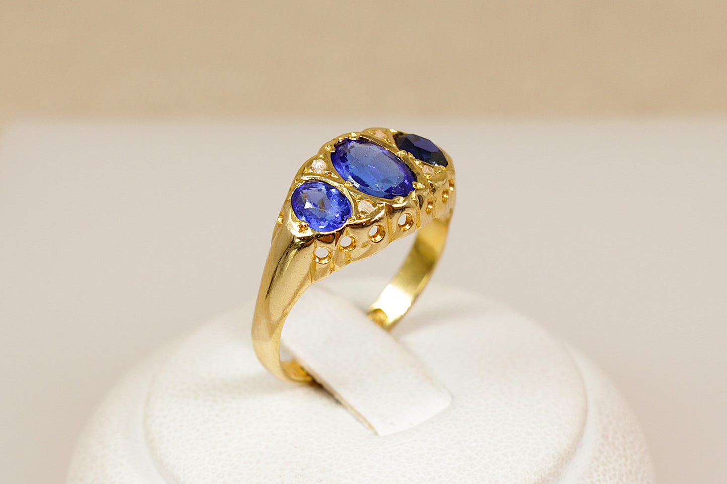 Edwardian 18ct Gold Blue Gemstone Trilogy Ring