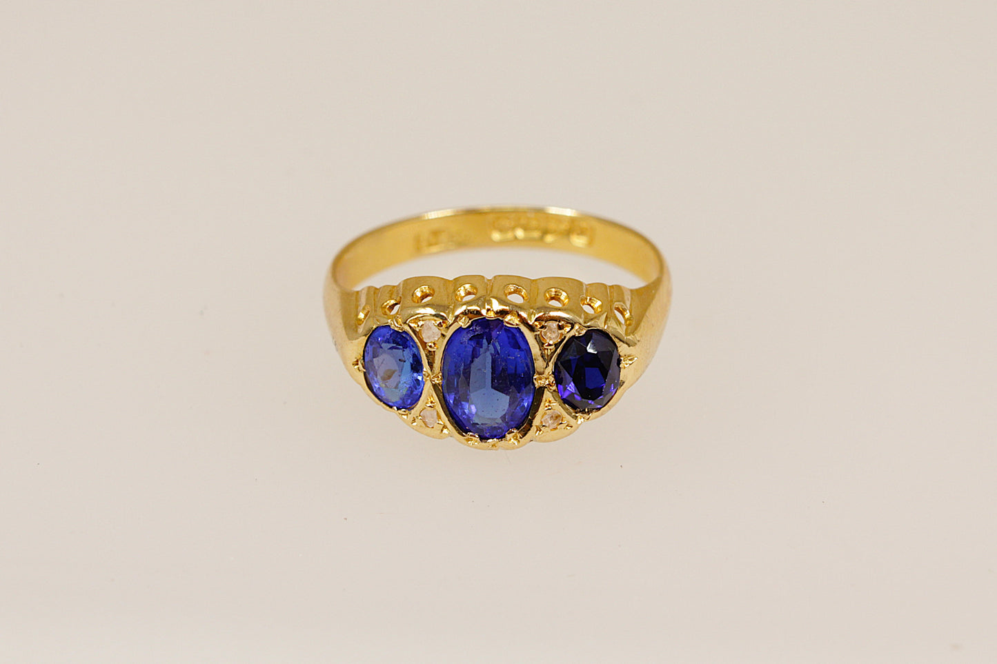 Edwardian 18ct Gold Blue Gemstone Trilogy Ring