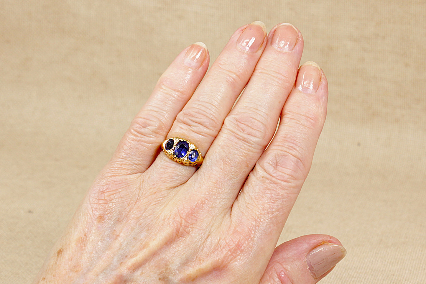 Edwardian 18ct Gold Blue Gemstone Trilogy Ring