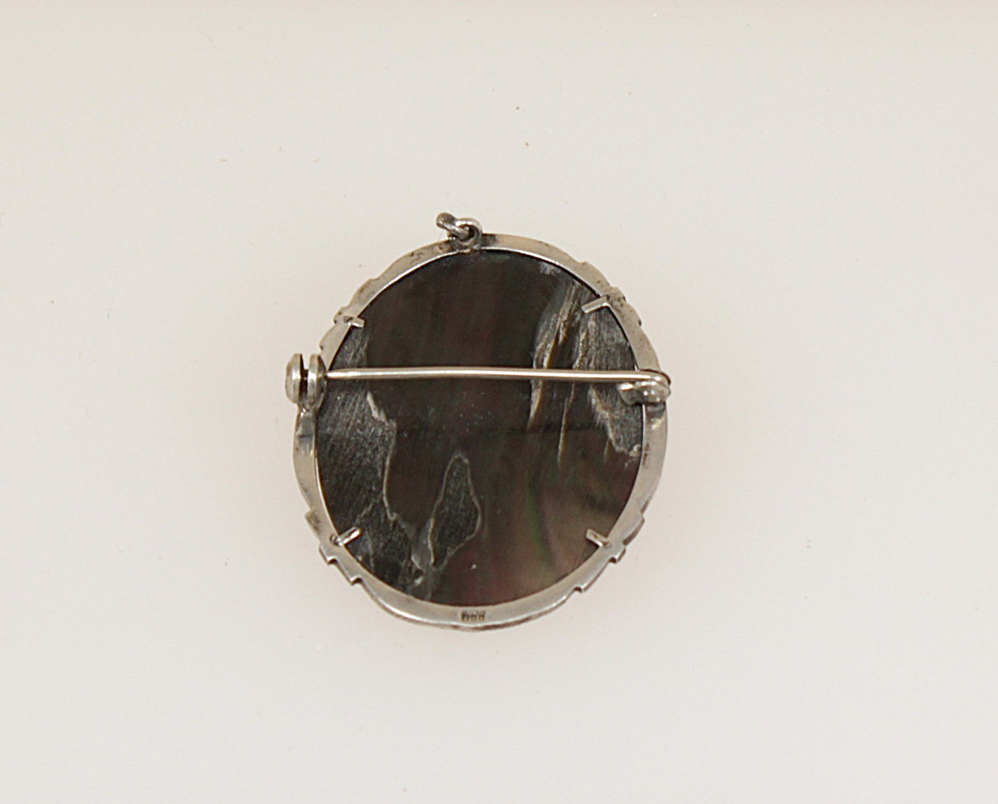 Large Vintage Italian Silver Mother of Pearl Cameo Brooch / Pendant with Marcasite
