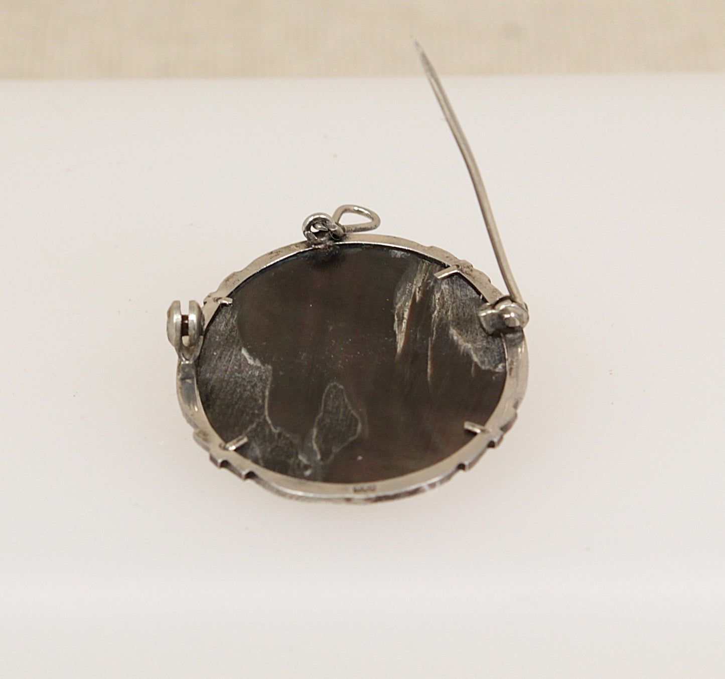 Large Vintage Italian Silver Mother of Pearl Cameo Brooch / Pendant with Marcasite