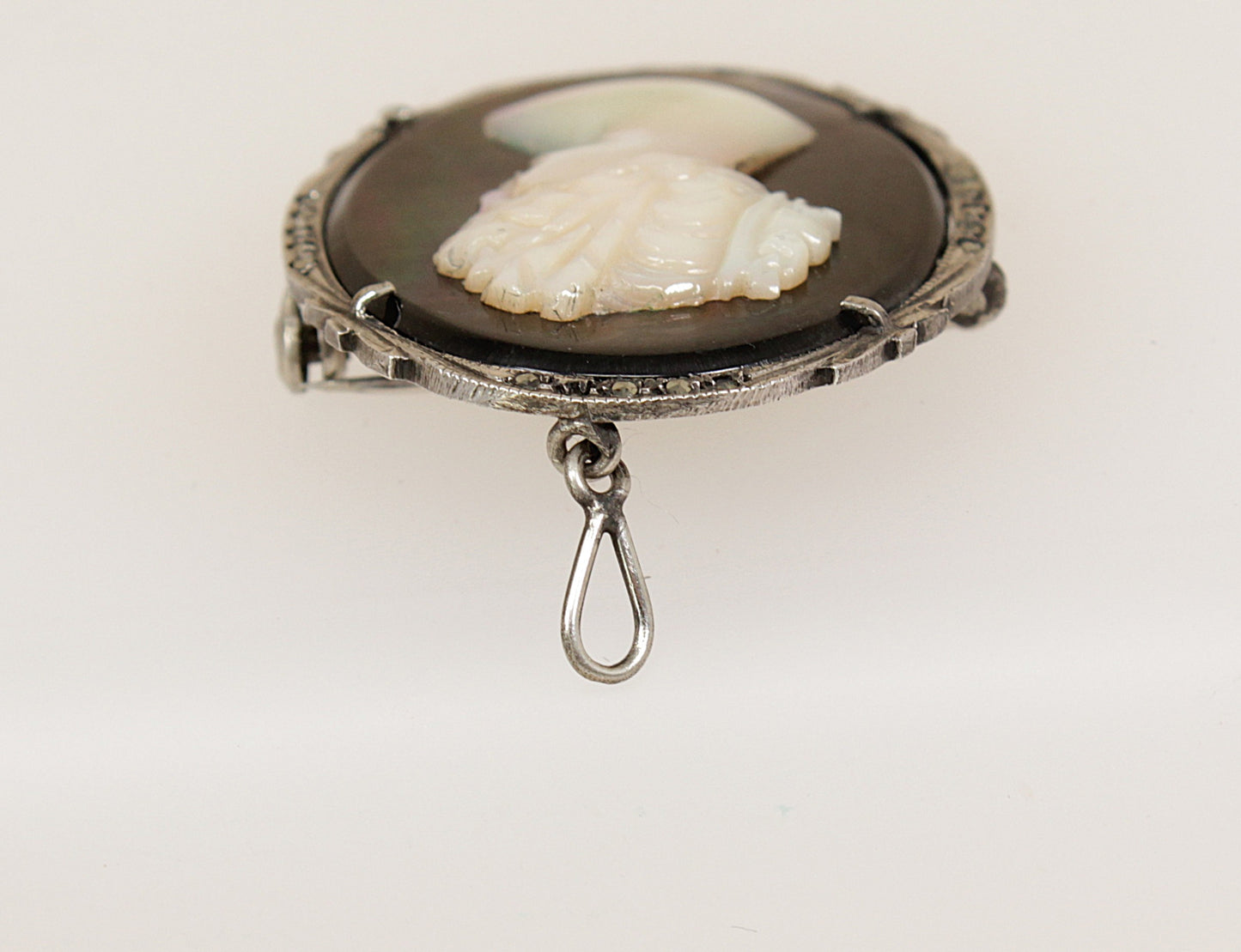 Large Vintage Italian Silver Mother of Pearl Cameo Brooch / Pendant with Marcasite