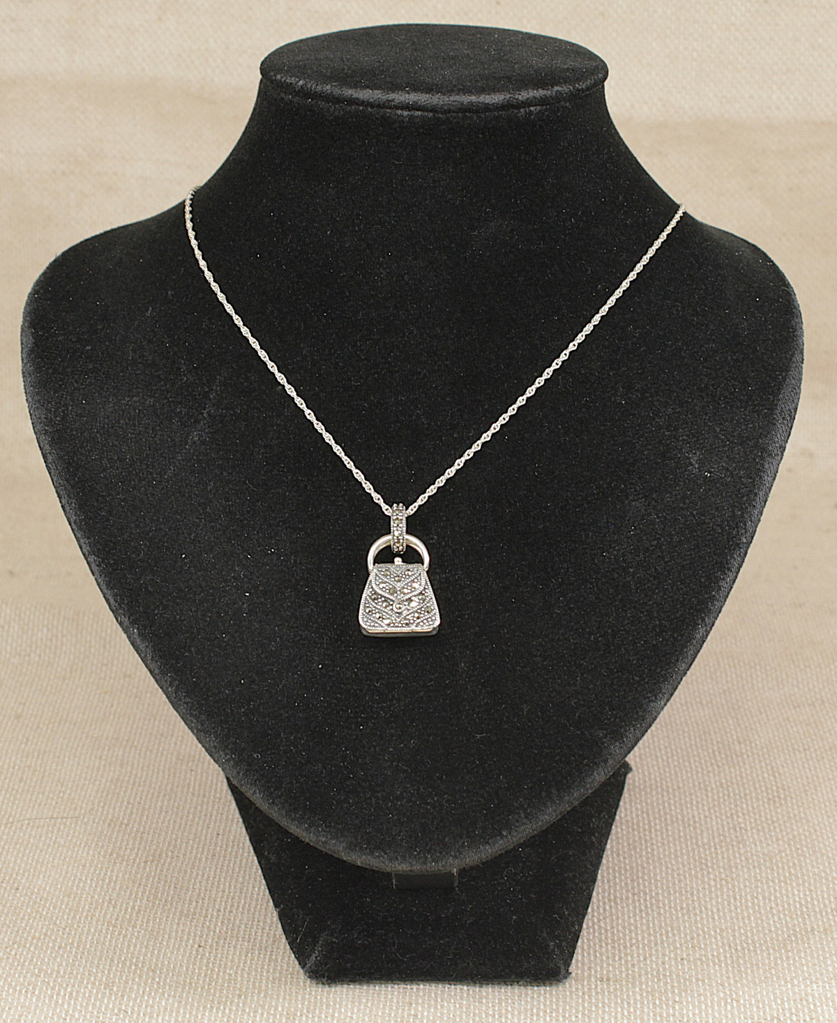 Vintage Sterling Silver & Marcasite Mini Handbag Perfume Pendant Necklace