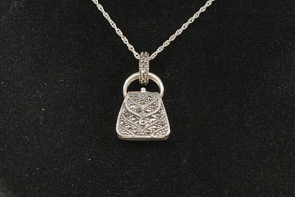 Vintage Sterling Silver & Marcasite Mini Handbag Perfume Pendant Necklace