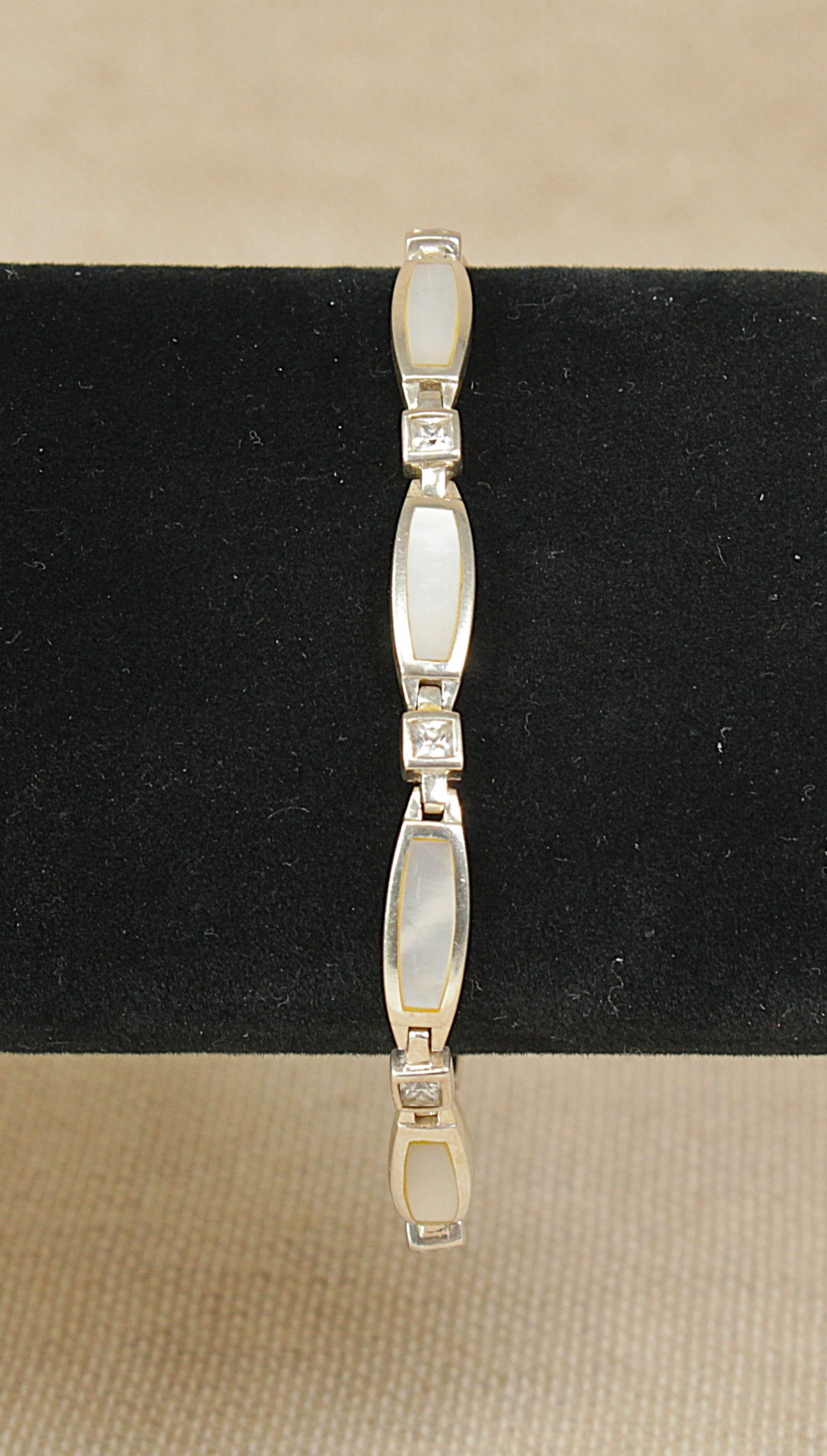 Pretty Sterling Silver, Mother of Pearl & CZ Link Bracelet