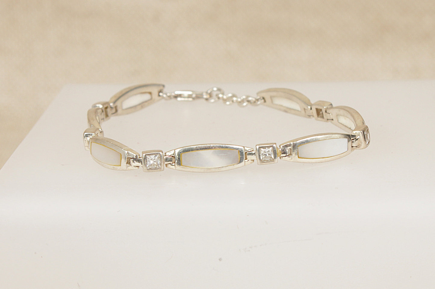 Pretty Sterling Silver, Mother of Pearl & CZ Link Bracelet