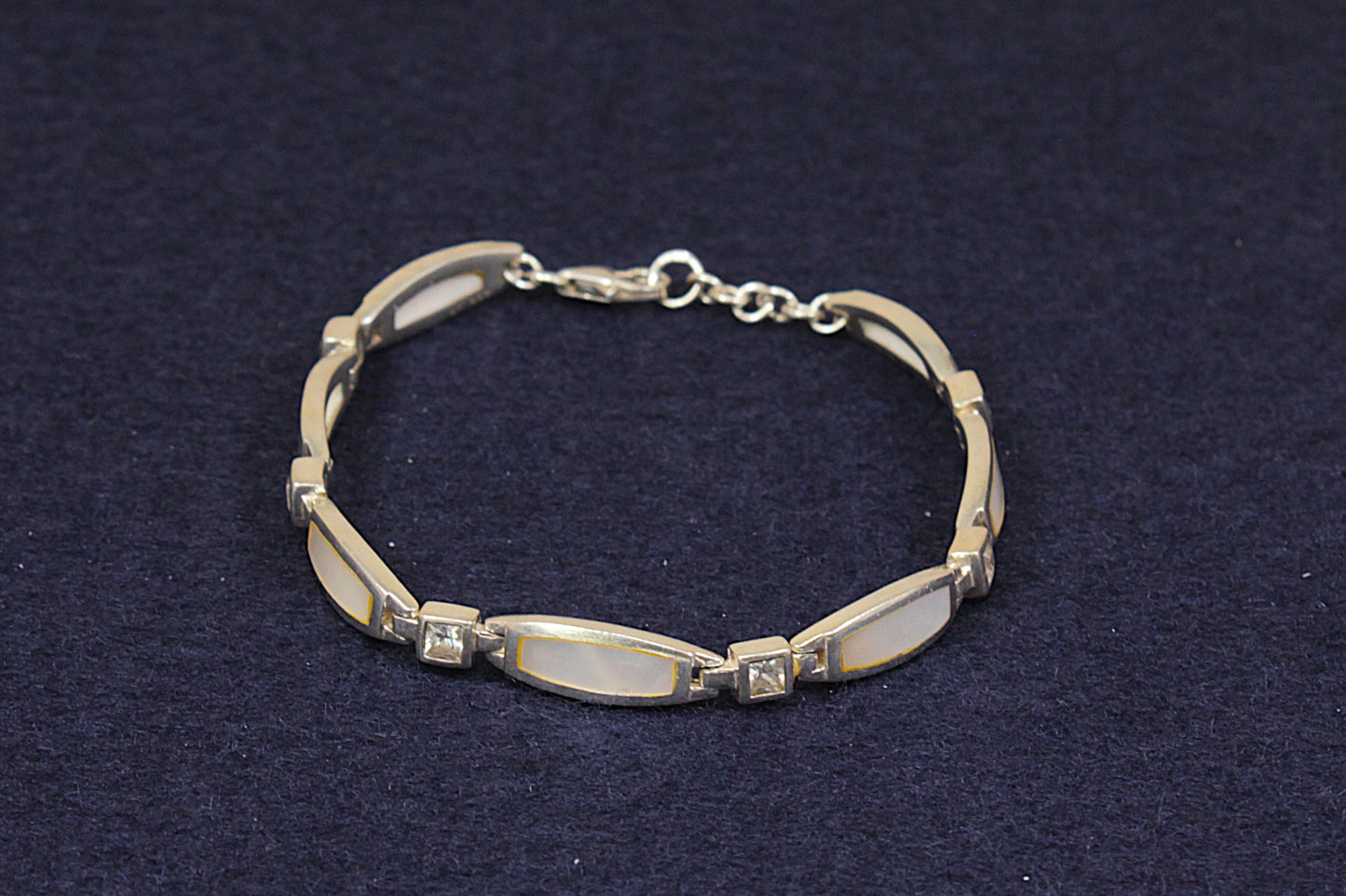 Pretty Sterling Silver, Mother of Pearl & CZ Link Bracelet