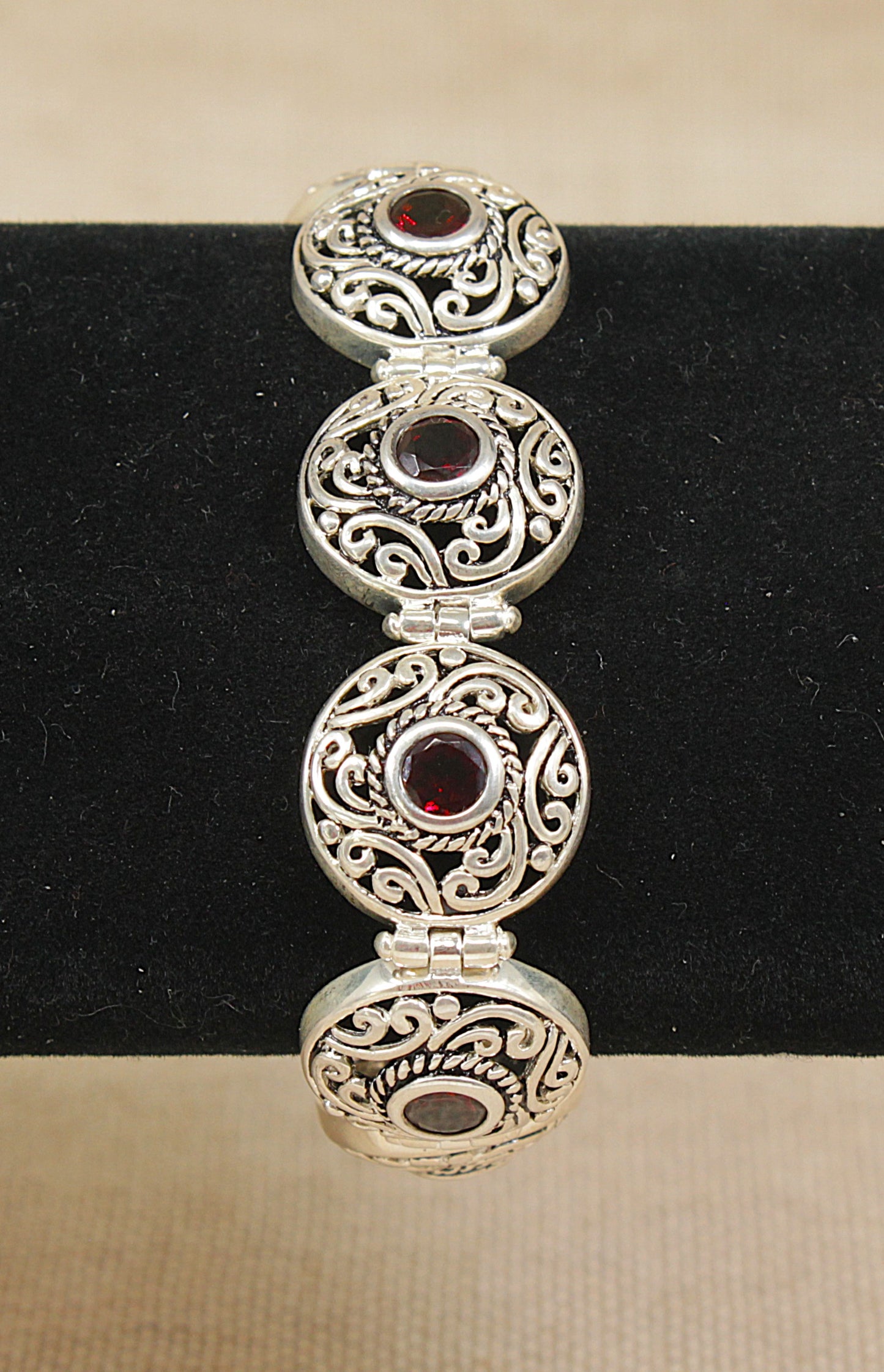 Elegant Heavy Sterling Silver & Garnet Link Bracelet - 7 ½"