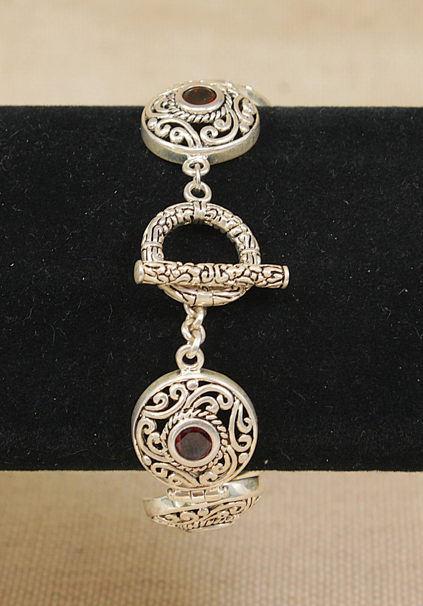 Elegant Heavy Sterling Silver & Garnet Link Bracelet - 7 ½"