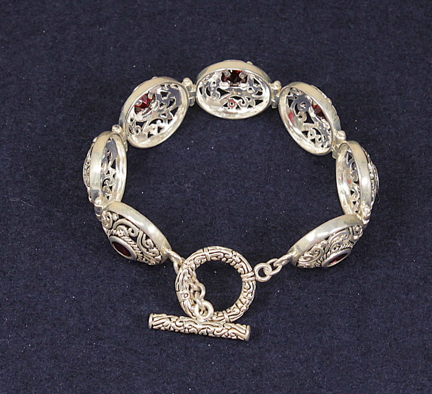 Elegant Heavy Sterling Silver & Garnet Link Bracelet - 7 ½"