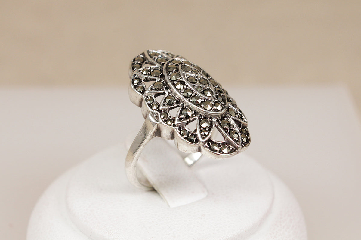 Art Deco Sterling Silver Marcasite Statement Ring
