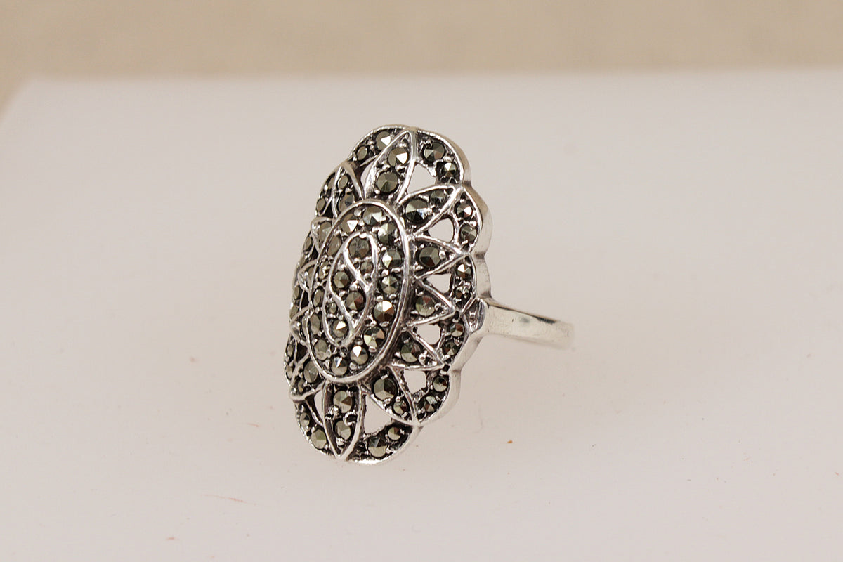 Art Deco Sterling Silver Marcasite Statement Ring