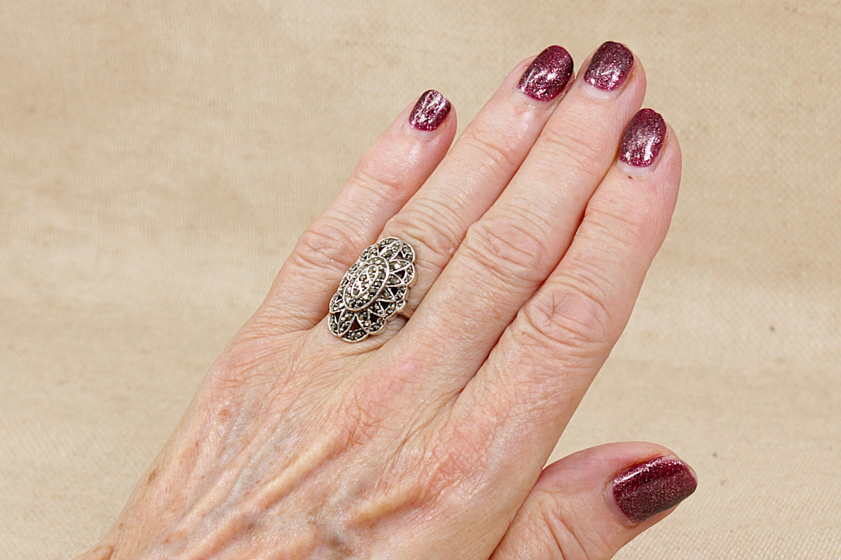 Art Deco Sterling Silver Marcasite Statement Ring