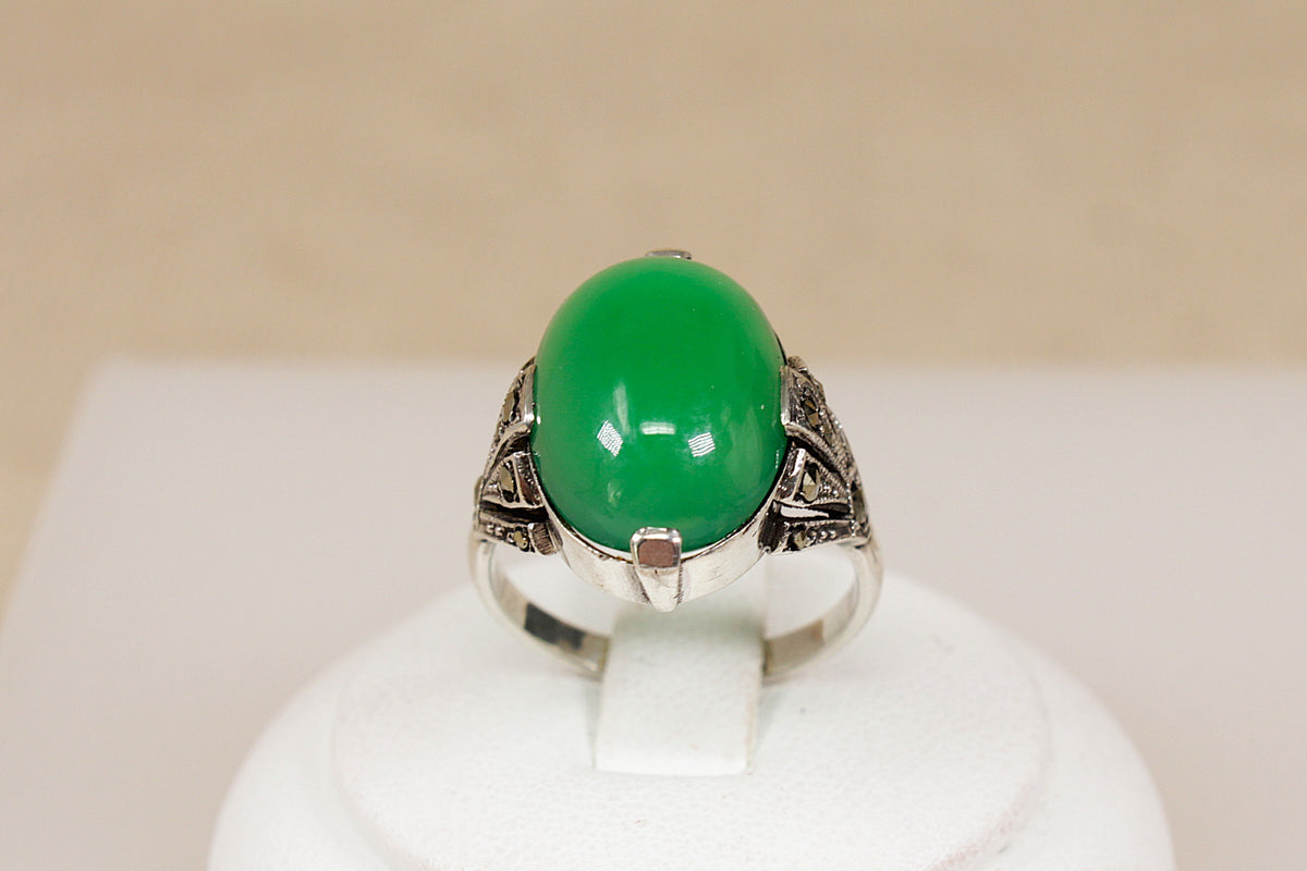 A Striking Art Deco Sterling Silver, Chrysoprase & Marcasite Statement Ring