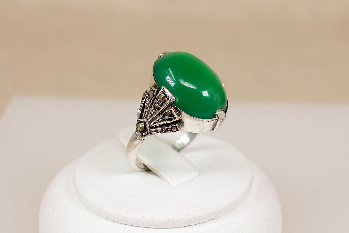 A Striking Art Deco Sterling Silver, Chrysoprase & Marcasite Statement Ring