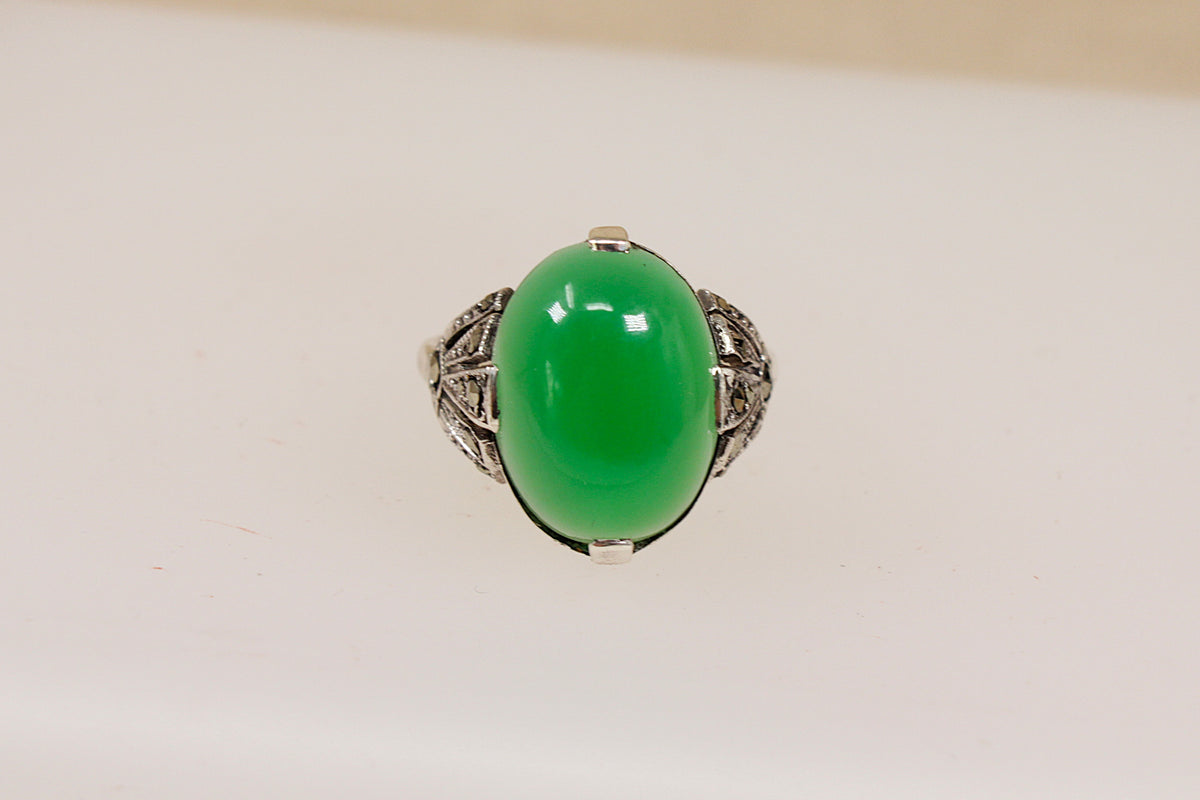 A Striking Art Deco Sterling Silver, Chrysoprase & Marcasite Statement Ring