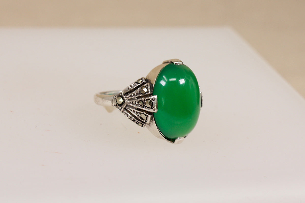 A Striking Art Deco Sterling Silver, Chrysoprase & Marcasite Statement Ring