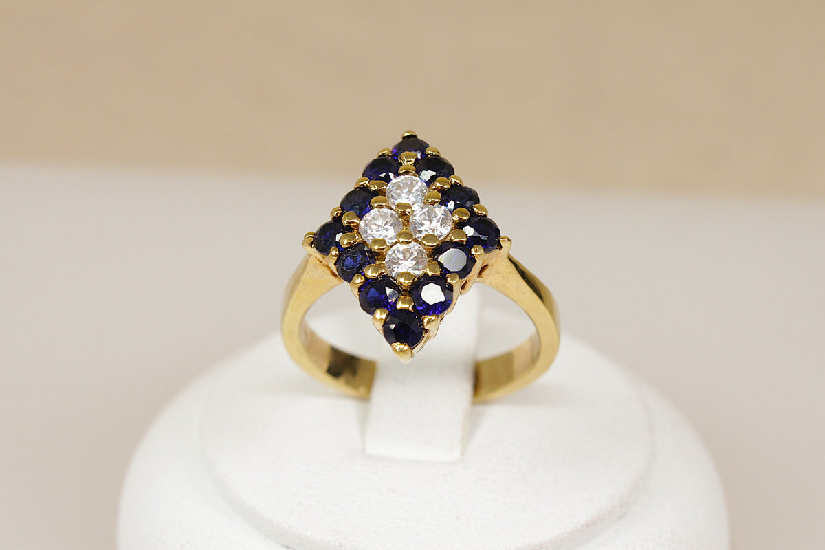 Beautiful Sterling Silver Gilt Sapphire & White Crystal Statement Ring