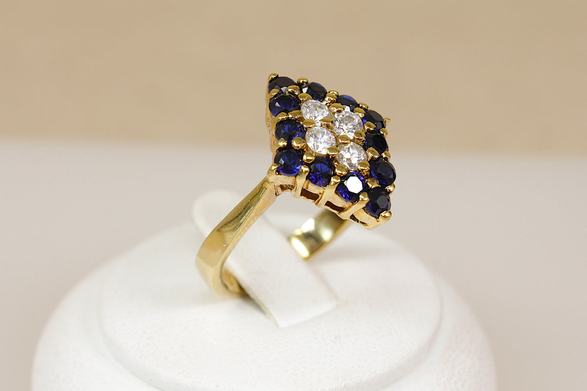Beautiful Sterling Silver Gilt Sapphire & White Crystal Statement Ring