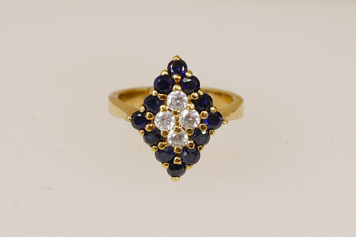 Beautiful Sterling Silver Gilt Sapphire & White Crystal Statement Ring