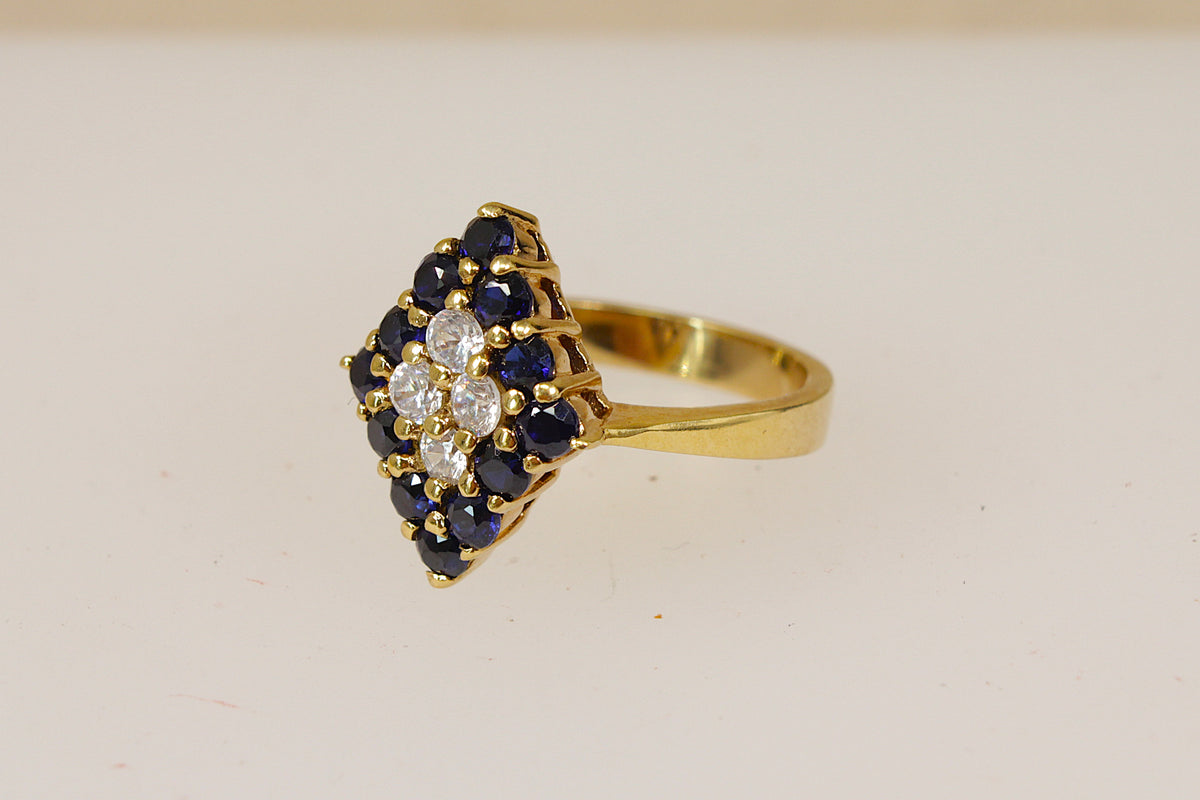 Beautiful Sterling Silver Gilt Sapphire & White Crystal Statement Ring