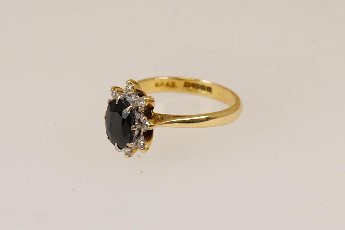 Classic 18ct Gold Midnight Blue Sapphire & Diamond ‘Diana’ Style Ring