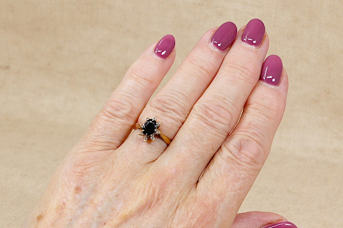 Classic 18ct Gold Midnight Blue Sapphire & Diamond ‘Diana’ Style Ring