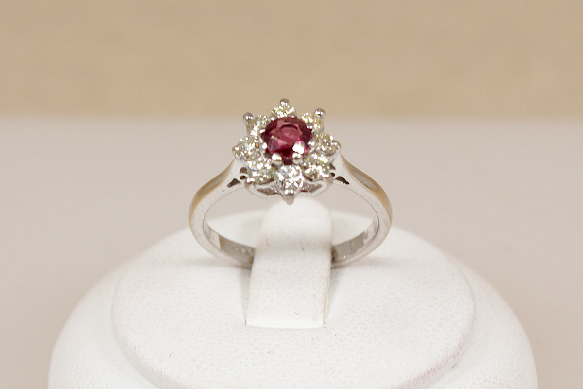Elegant 18ct White Gold Ruby & Diamond Cluster Ring