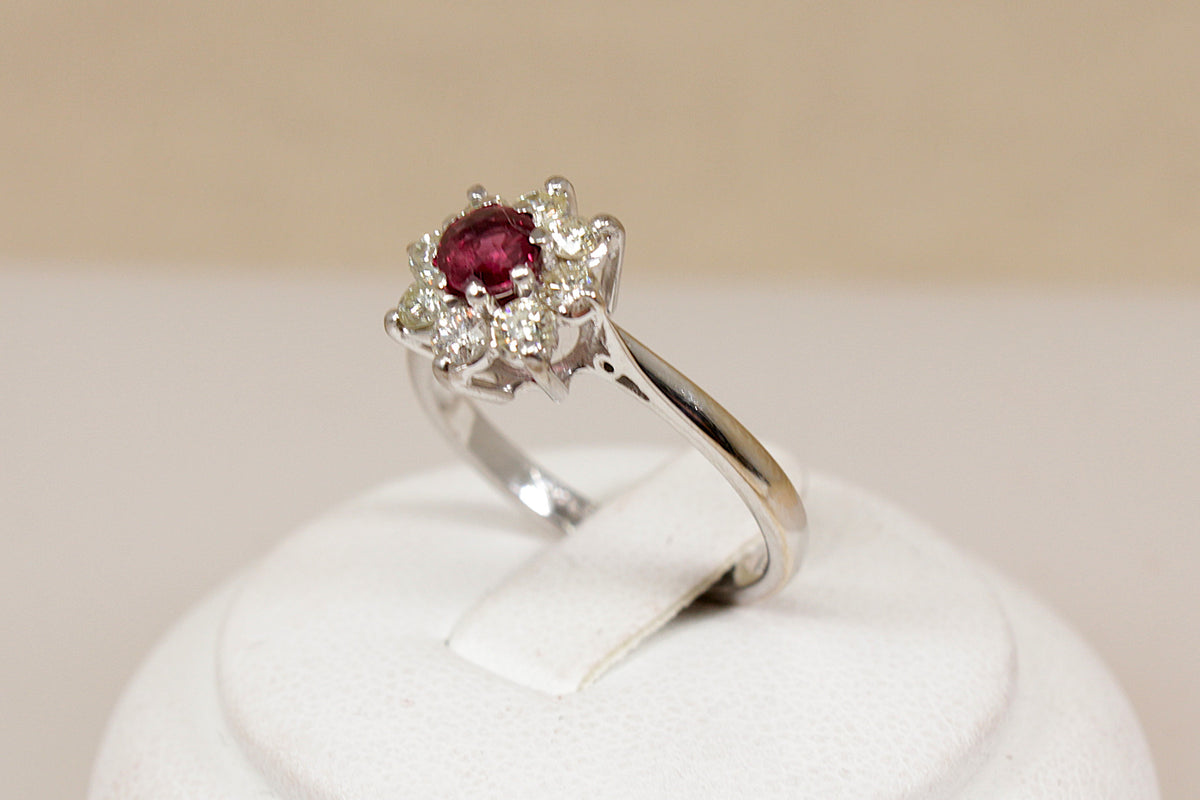 Elegant 18ct White Gold Ruby & Diamond Cluster Ring