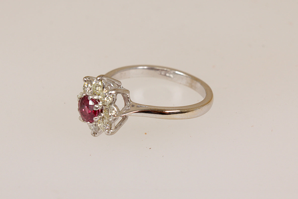 Elegant 18ct White Gold Ruby & Diamond Cluster Ring