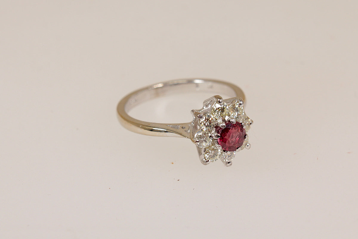 Elegant 18ct White Gold Ruby & Diamond Cluster Ring